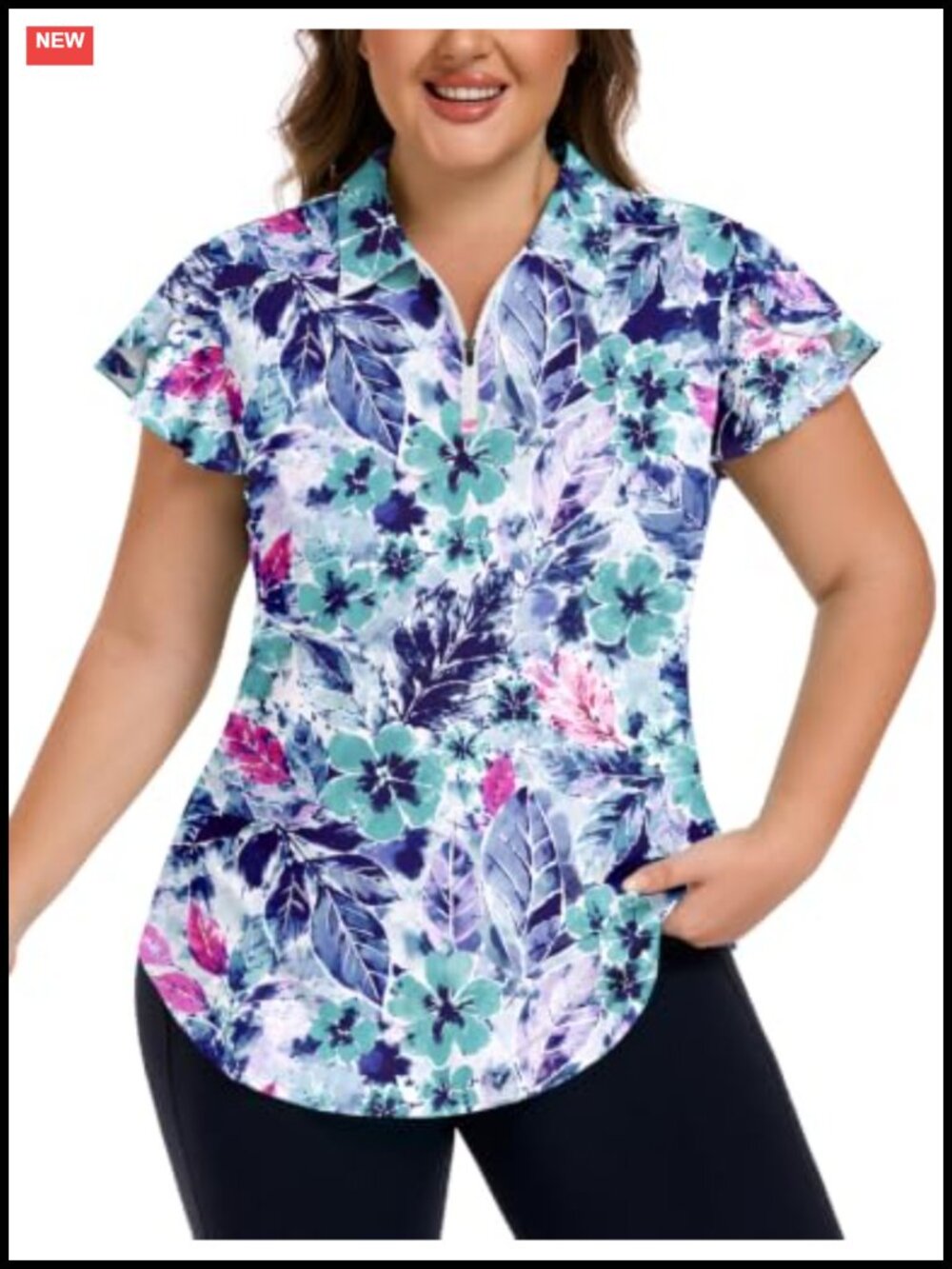Plus Size Ruffle Sleeve Golf Polo Shirt Loose Fit 1/4 Zip V-Neck UPF 50 Quick